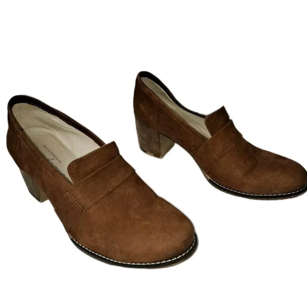 Womens Zapato Brown Suede Handmade In Italy Leather Block Heels Size 41 (8)